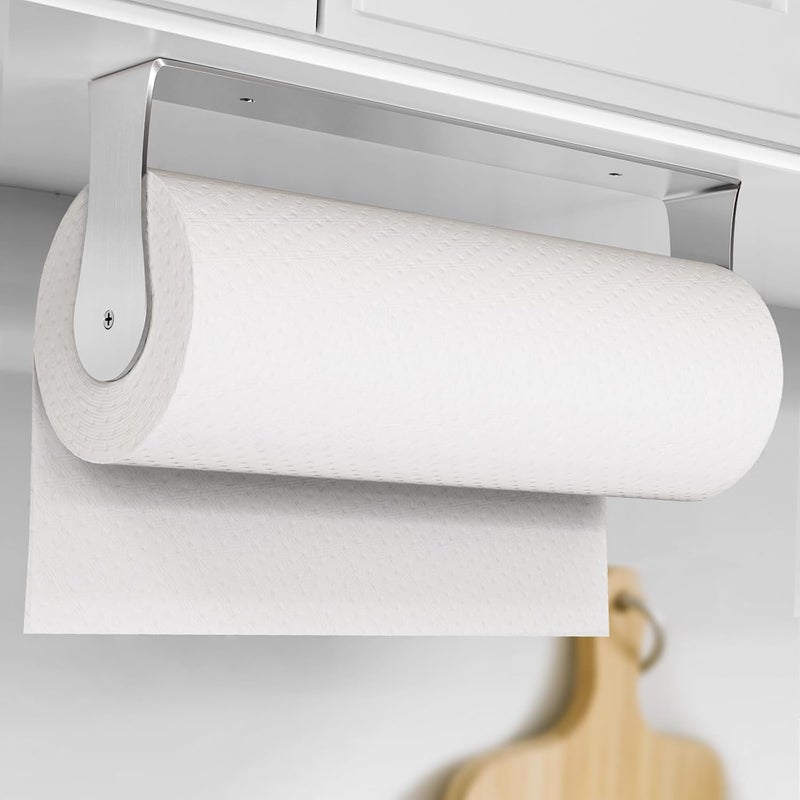 HZE Paper Towel Holder Under Cabinet, Wall Mount, Stainless Steel Paper Towel Holder for Kitchen and Bathroom, Adhesive or Screws, Silver - Image 1